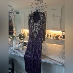 Purple Beaded Maxi Dress with Metallic Embellishment